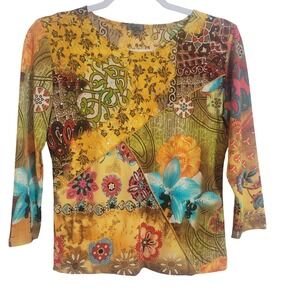 Caia Y2K Women Medium Yellow Floral Paisley Rhinestone 3/4 Sleeve Top USA Made